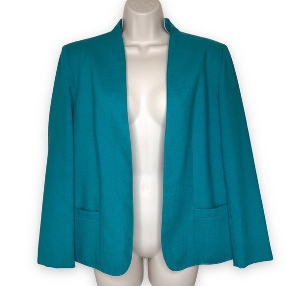 Vintage Tan Jay Div of Nygard Linen Blend Teal Open Front Blazer Jacket Women 12 - Picture 1 of 13